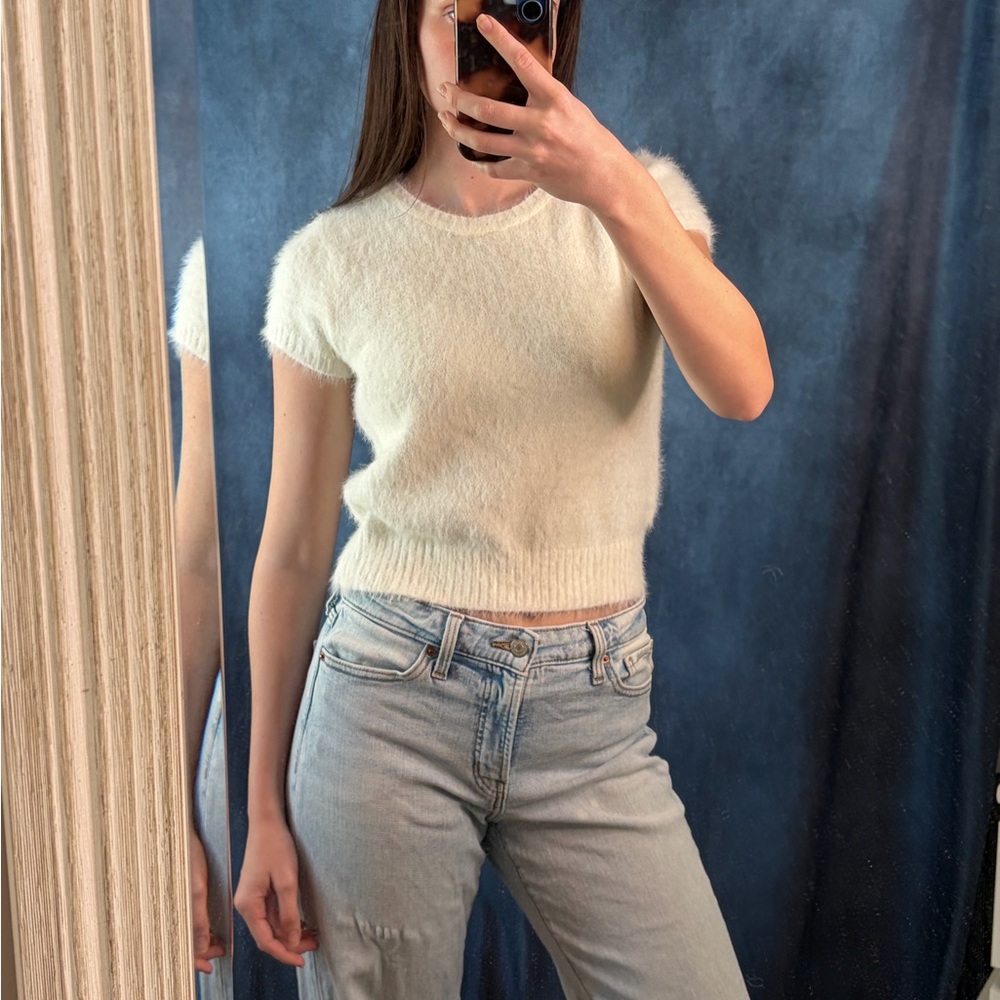 Women's Cream Crew Neck Short Sleeve Fuzzy Sweater